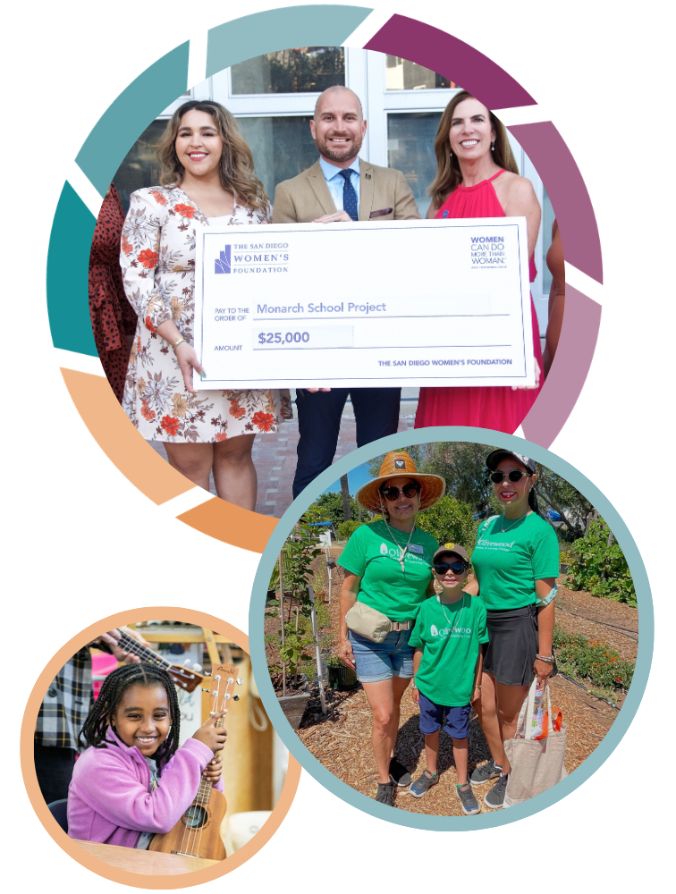 Photo of 3 people presenting a check, a girl smiling and a photo of a family of 3