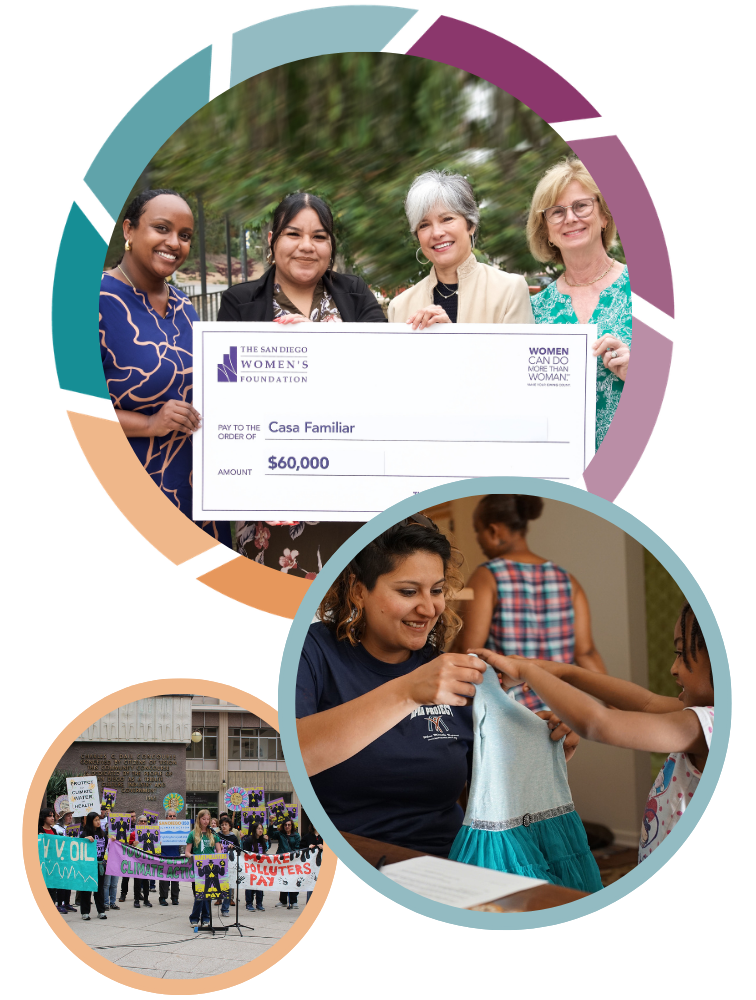 Photo of 4 people presenting a check, a mom and daughter and a group demonstrating