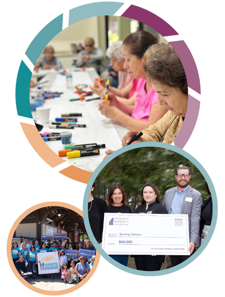 Group of 3 people presenting a check, seniors doing art and a group holding a sign