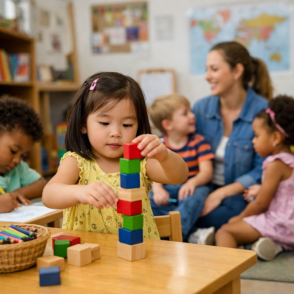 Young girl playing with blocks with teacher and students in classroom